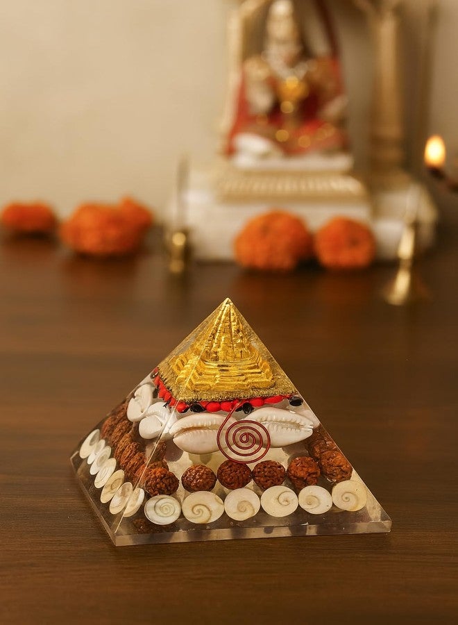 Fikup Original Crystal Gomati Chakra Laxmi Pyramid for Home, Office - Rudraksha | Shree Yantra | Kauri and Ratti for Vastu Money Good Wealth Good Luck Size: 3.5 inch Multi-Colour (Pack of 1) - Image 4